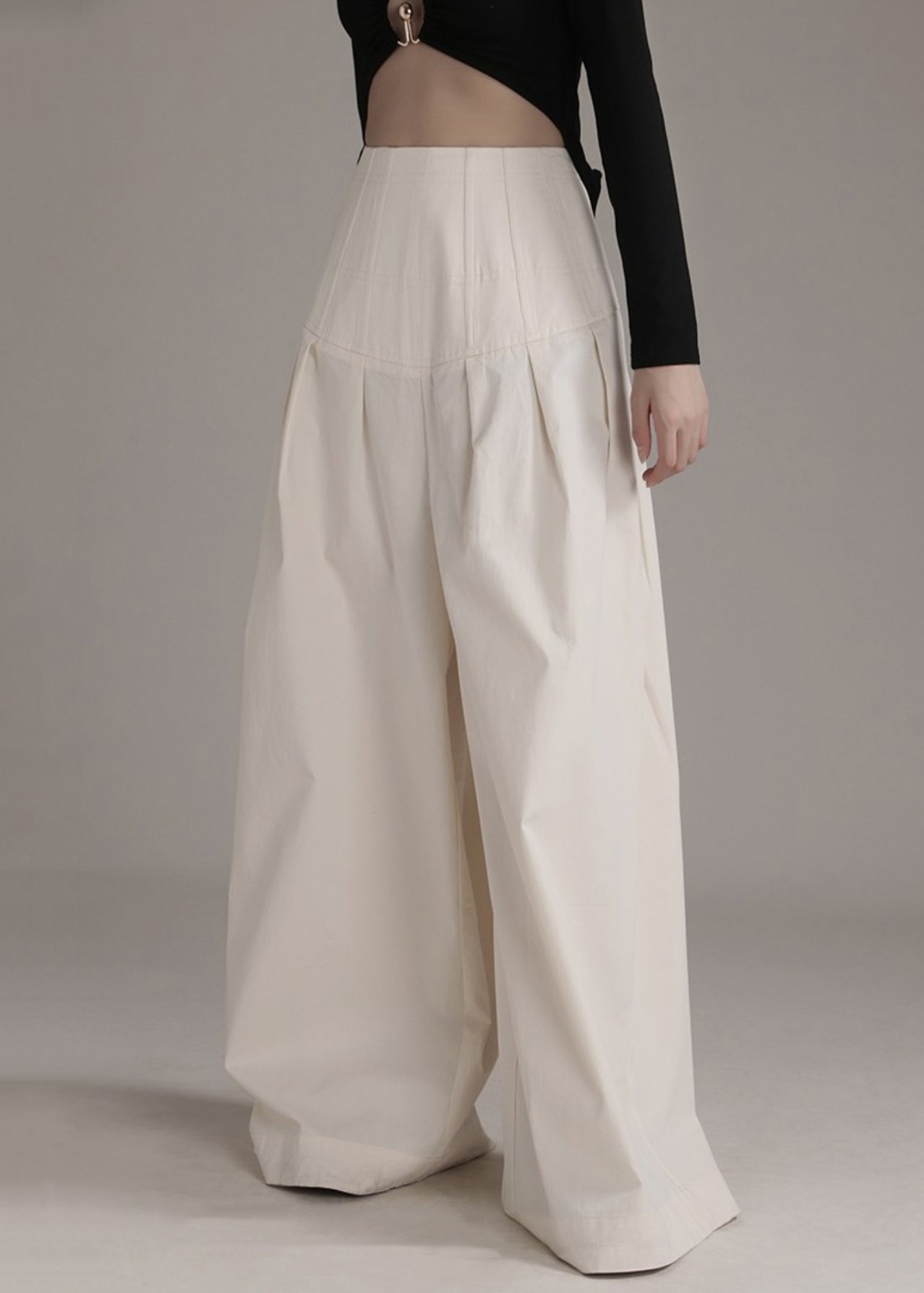 Loose Beige Zippered High Waist Cotton Wide Leg Pants Spring