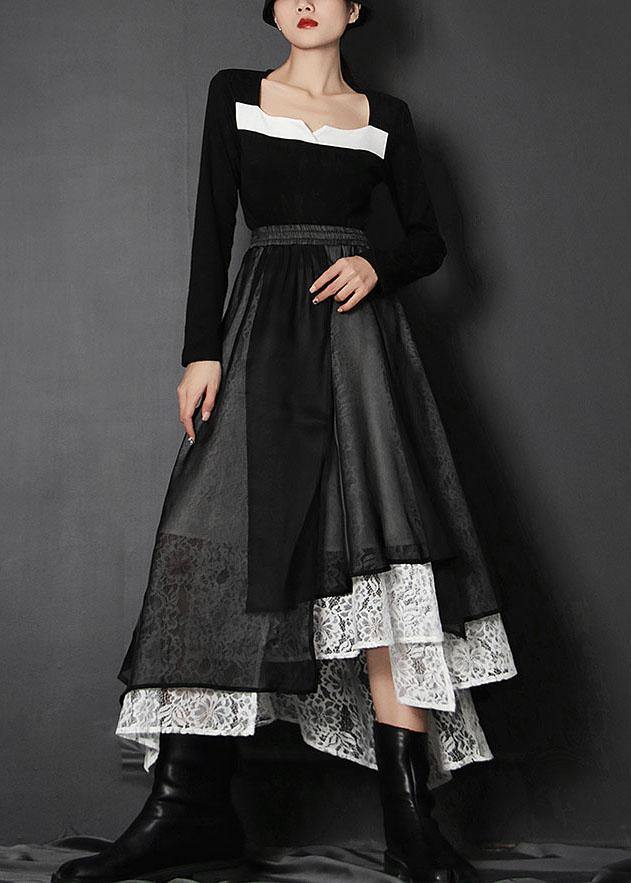 Loose Black Elastic Waist Patchwork Lace Asymmetrical Design Summer Skirt