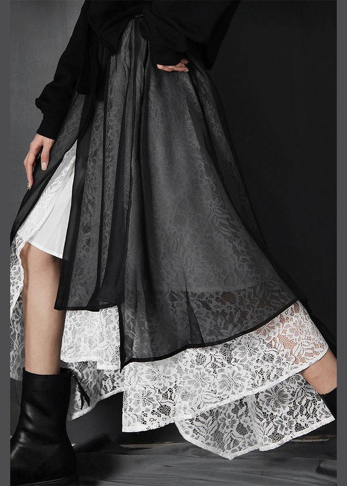 Loose Black Elastic Waist Patchwork Lace Asymmetrical Design Summer Skirt