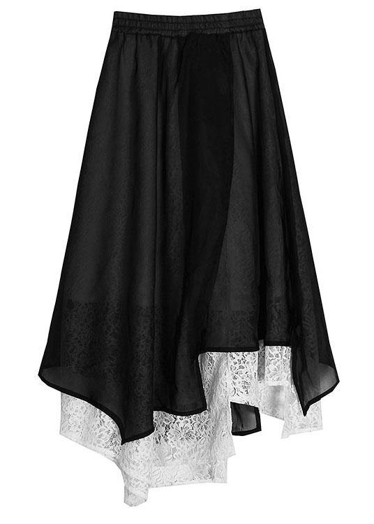 Loose Black Elastic Waist Patchwork Lace Asymmetrical Design Summer Skirt