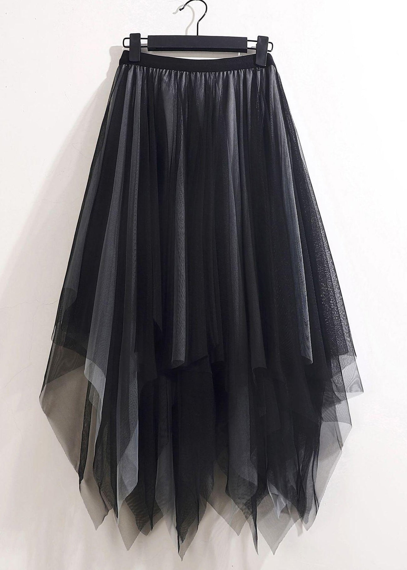 Loose Black Grey Asymmetrical Wrinkled Tulle Skirts Summer