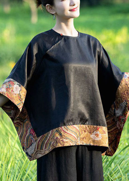 Loose Black O-Neck Asymmetrical Patchwork Silk Top Spring