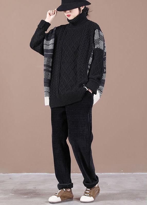 Loose Black Patchwork Fall Knit Sweater