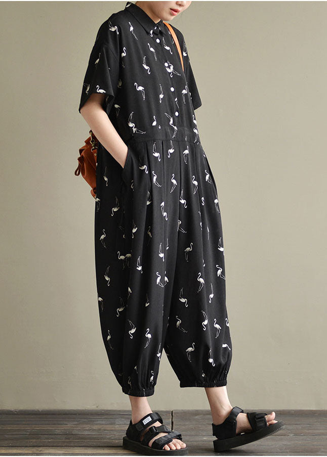 Loose Black Peter Pan Collar Button Print Chiffon Jumpsuit Short Sleeve