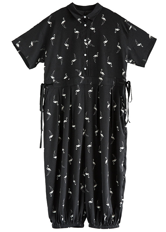 Loose Black Peter Pan Collar Button Print Chiffon Jumpsuit Short Sleeve