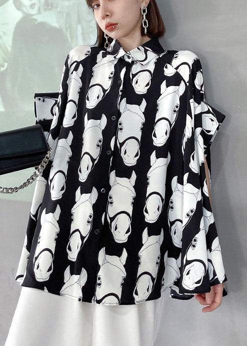 Loose Black Peter Pan Collar Low High Animal Picture Cardigans