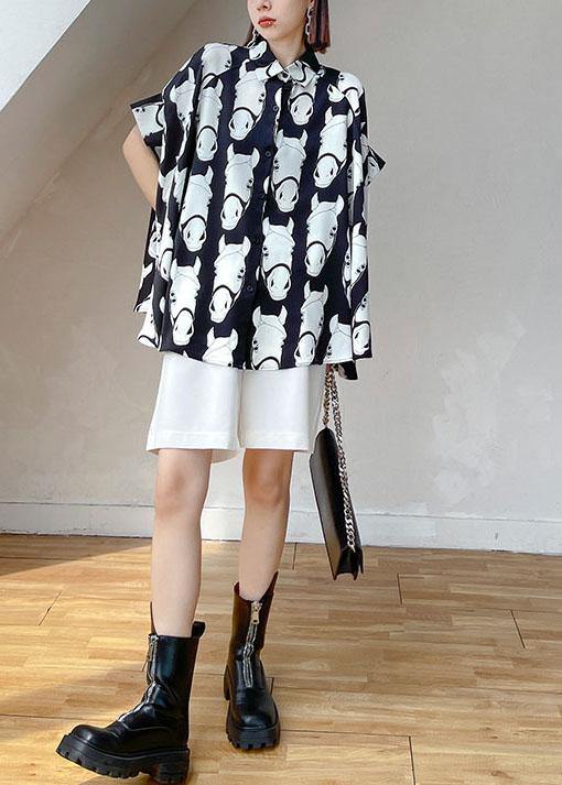 Loose Black Peter Pan Collar Low High Animal Picture Cardigans