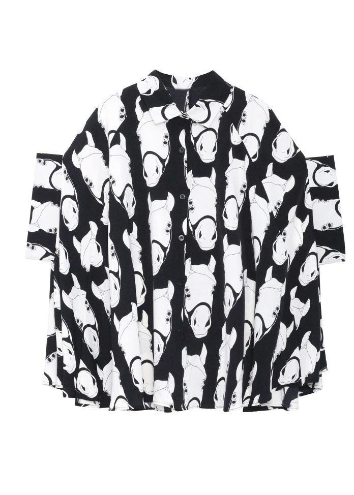 Loose Black Peter Pan Collar Low High Animal Picture Cardigans