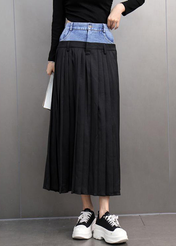 Loose Black Pockets Denim Patchwork High Waist Maxi Skirts Spring