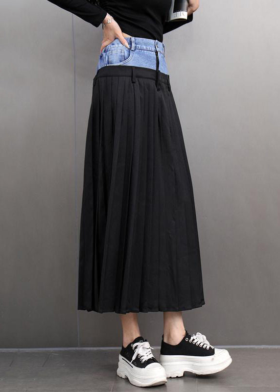 Loose Black Pockets Denim Patchwork High Waist Maxi Skirts Spring