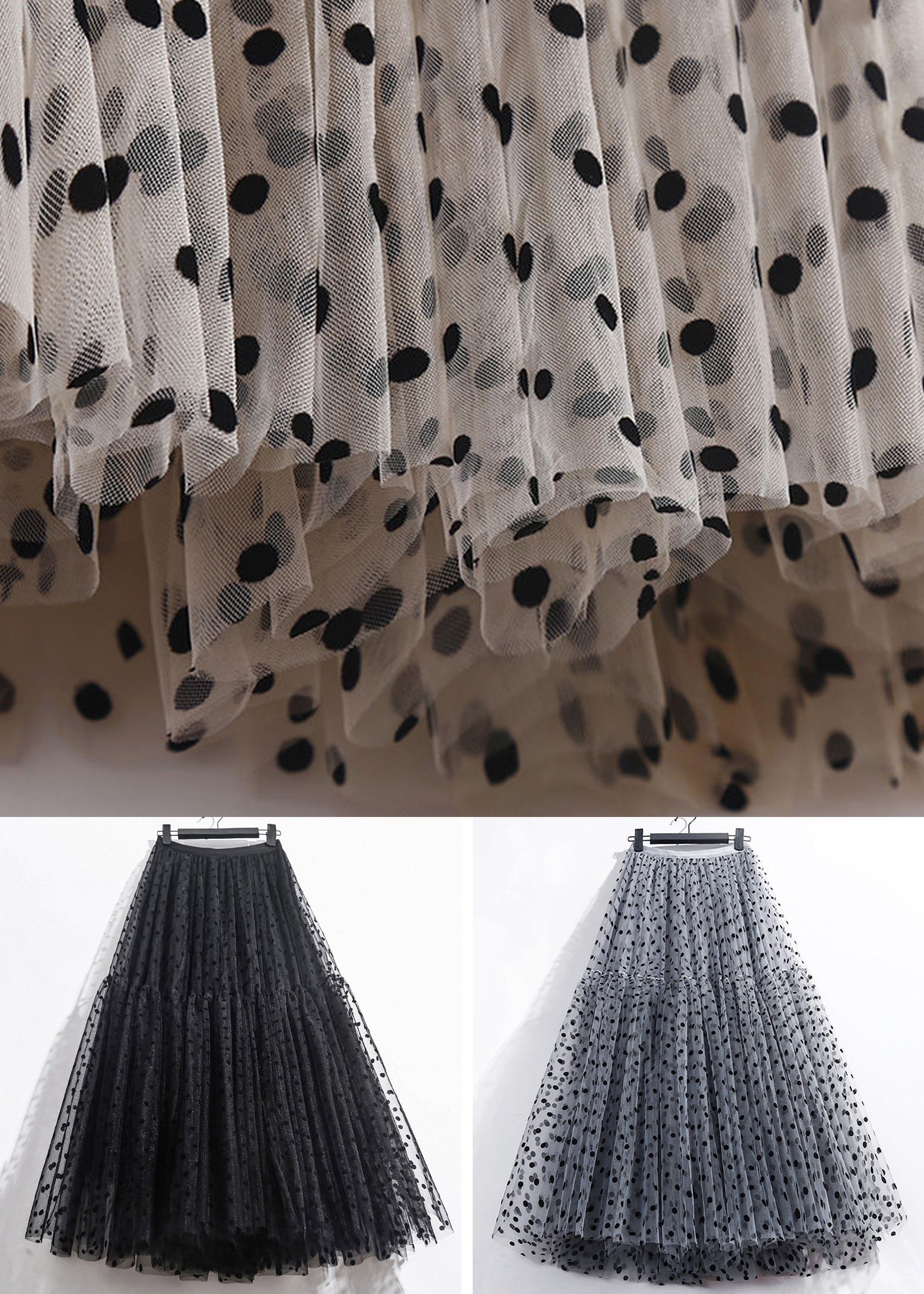 Loose Black Print Elastic Waist Tulle Skirts Summer