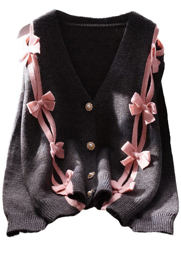 Loose Black V Neck Patchwork Bow Knit Jackets Spring