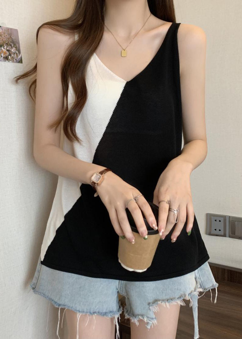 Loose Black V Neck Patchwork Ice Silk Knit Vest Sleeveless