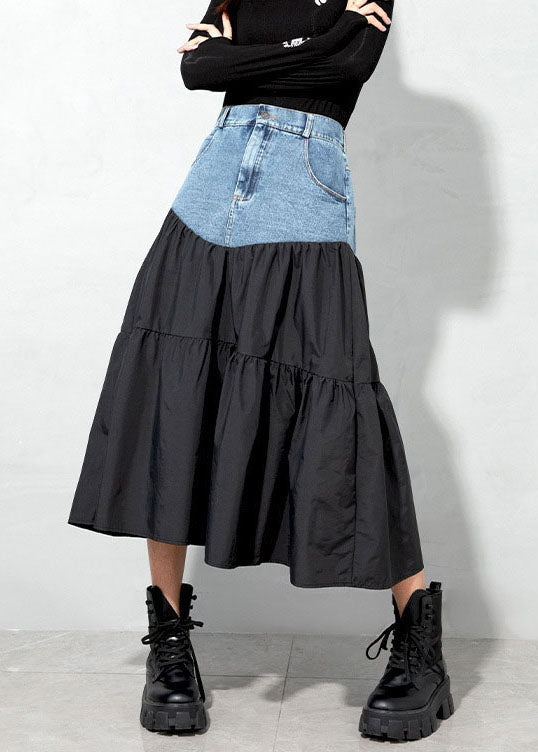 Loose Black denim Patchwork Casual Skirt Spring