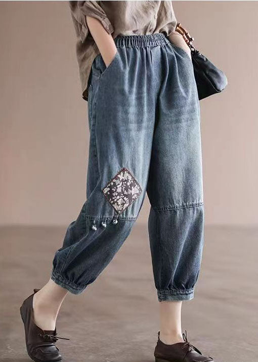 Loose Blue Elastic Waist Pockets Patchwork Applique Cotton Denim Crop Pants Summer