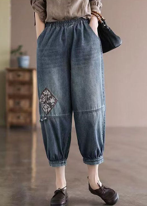 Loose Blue Elastic Waist Pockets Patchwork Applique Cotton Denim Crop Pants Summer