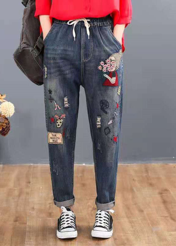 Loose Blue Embroideried Patchwork Elastic Waist Denim Pants Spring