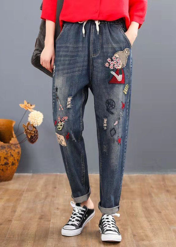 Loose Blue Embroideried Patchwork Elastic Waist Denim Pants Spring