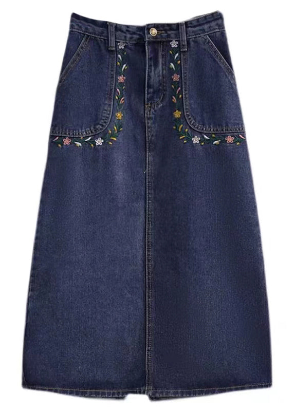 Loose Blue Embroideried Pockets Patchwork Denim Skirt Summer