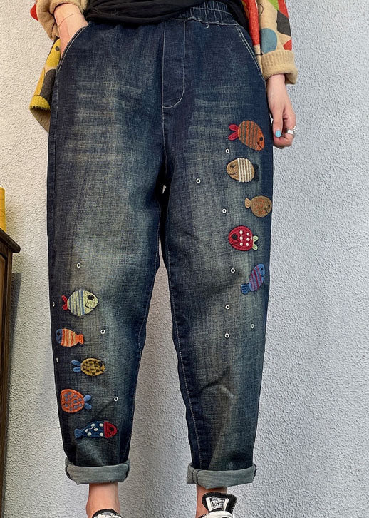 Loose Blue Embroideried denim Spring harem pants