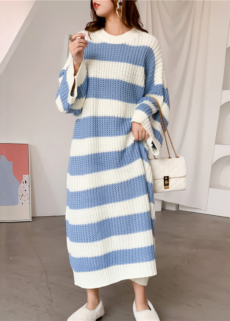 Loose Blue O Neck Striped Knit Sweater Dress Spring