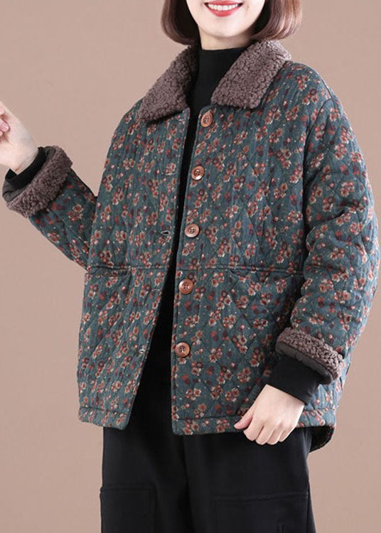 Loose Blue PeterPan Collar Print Warm Fleece Jacket Winter