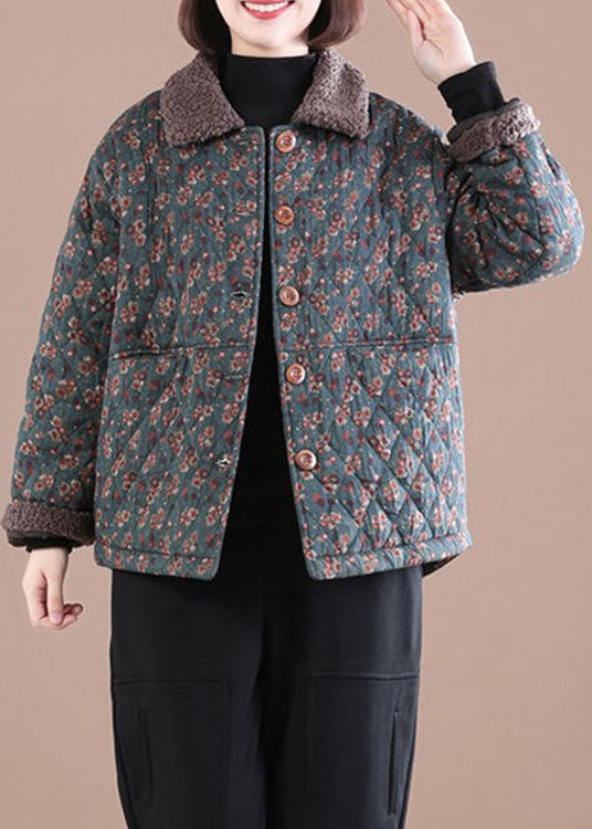 Loose Blue PeterPan Collar Print Warm Fleece Jacket Winter