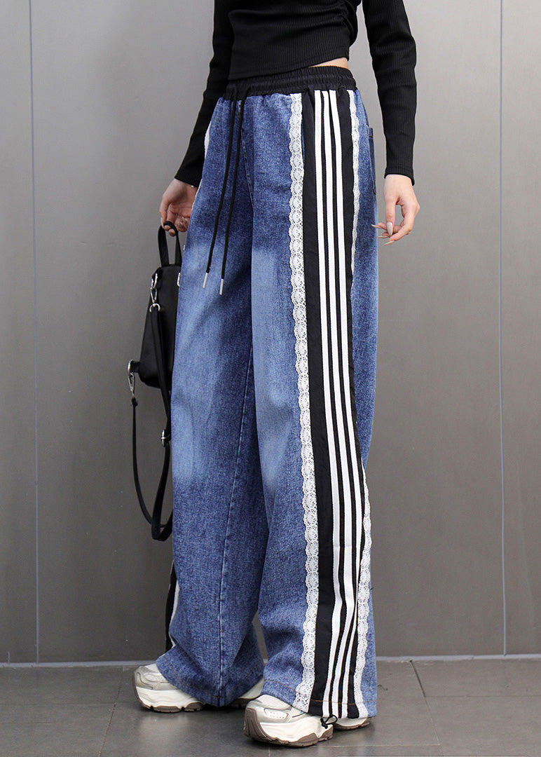 Loose Blue Pockets Patchwork High Waist Straight Denim Pants Spring