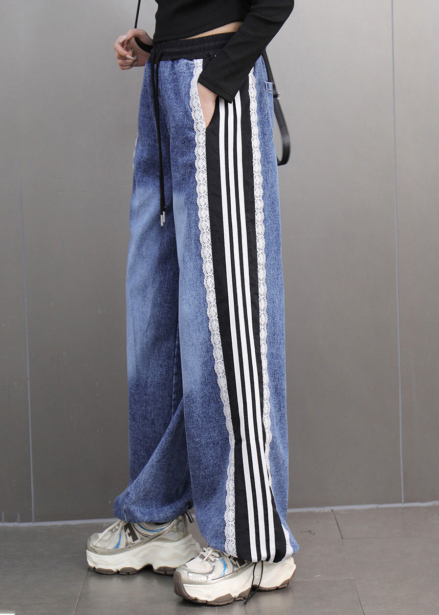 Loose Blue Pockets Patchwork High Waist Straight Denim Pants Spring