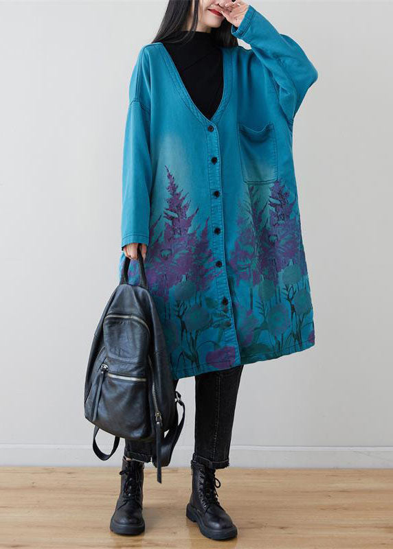 Loose Blue Pockets V Neck Print Coats Spring