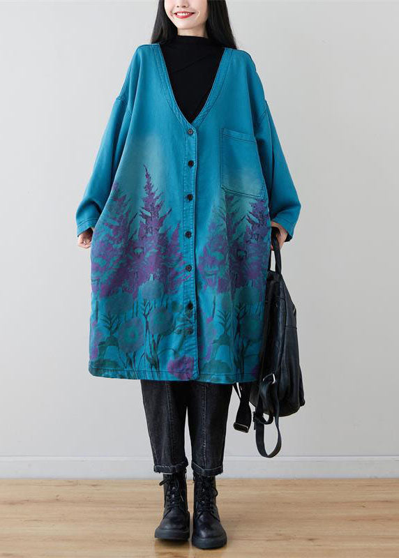 Loose Blue Pockets V Neck Print Coats Spring