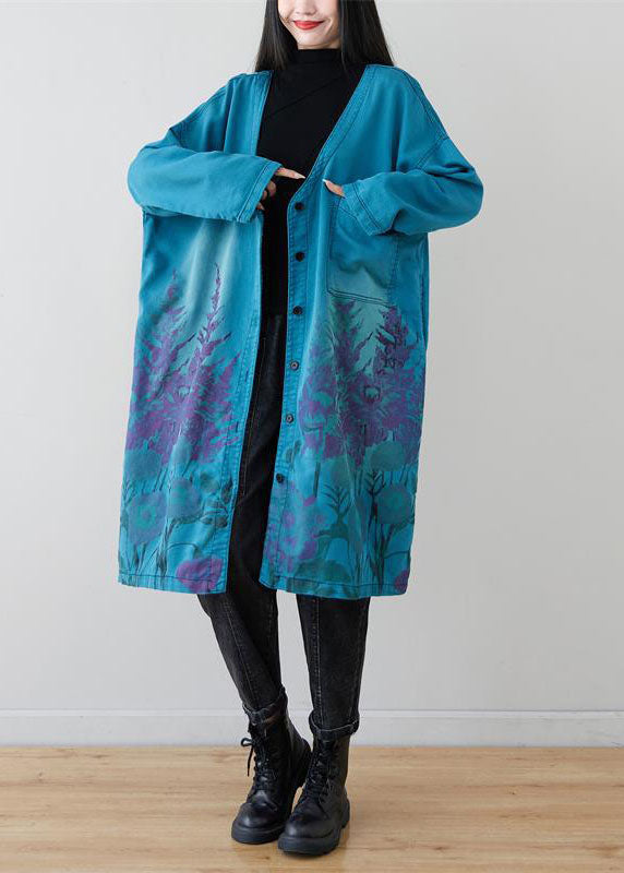 Loose Blue Pockets V Neck Print Coats Spring