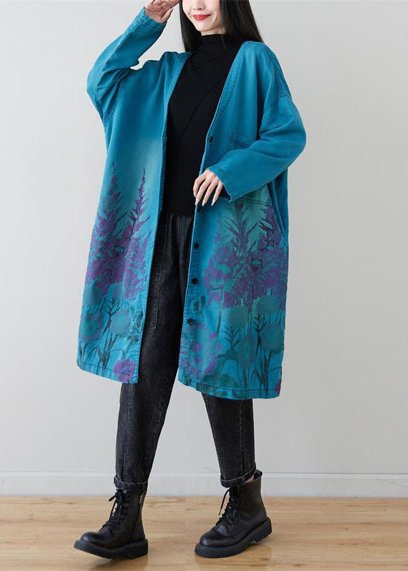 Loose Blue Pockets V Neck Print Coats Spring