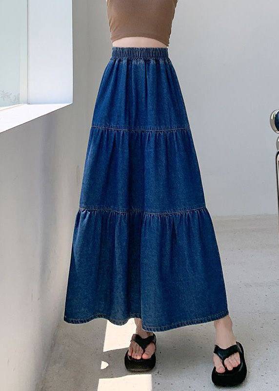 Loose Blue Solid Elastic Waist Denim Skirt Summer