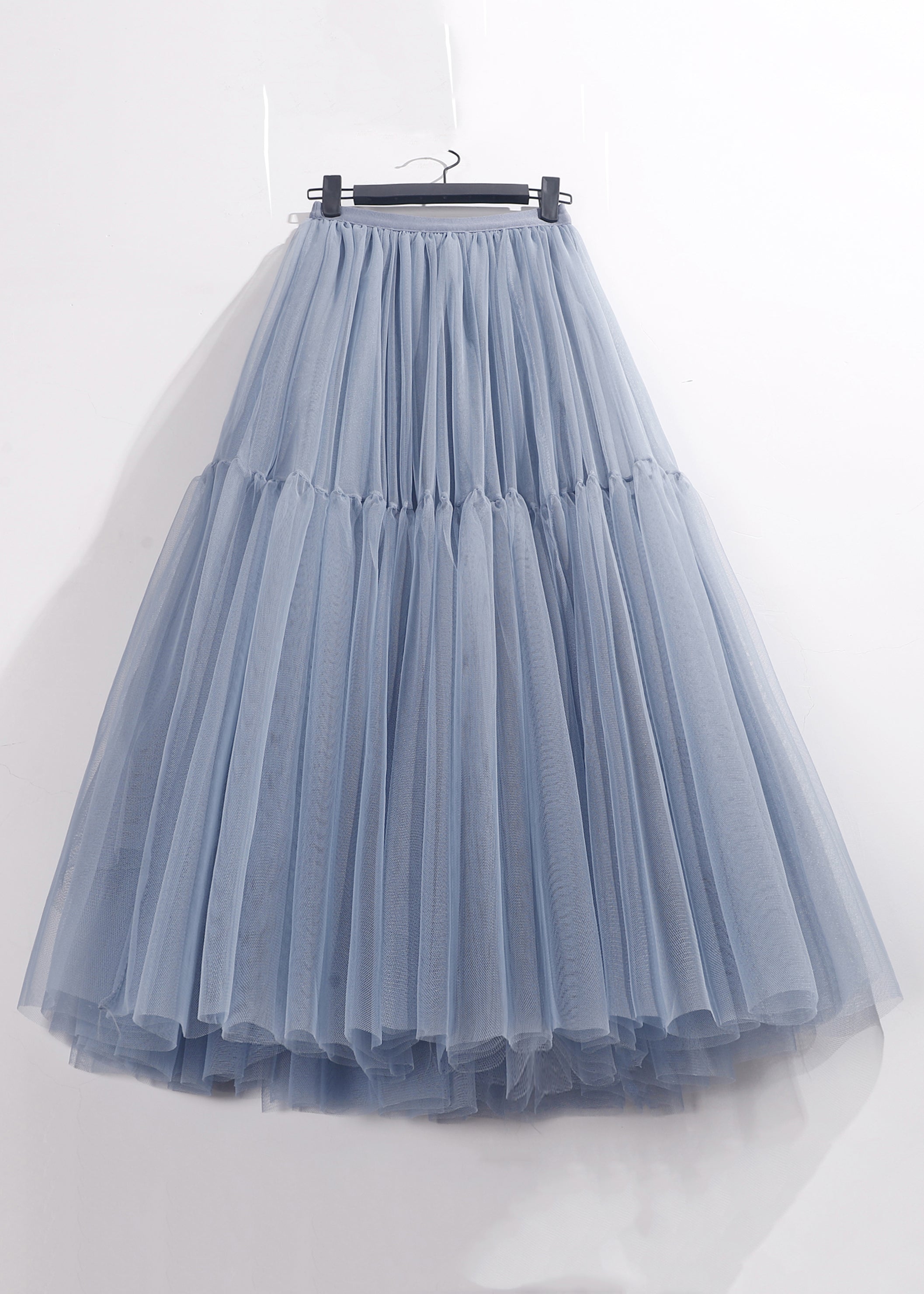 Loose Blue Solid High Waist Tulle Pleated Skirt