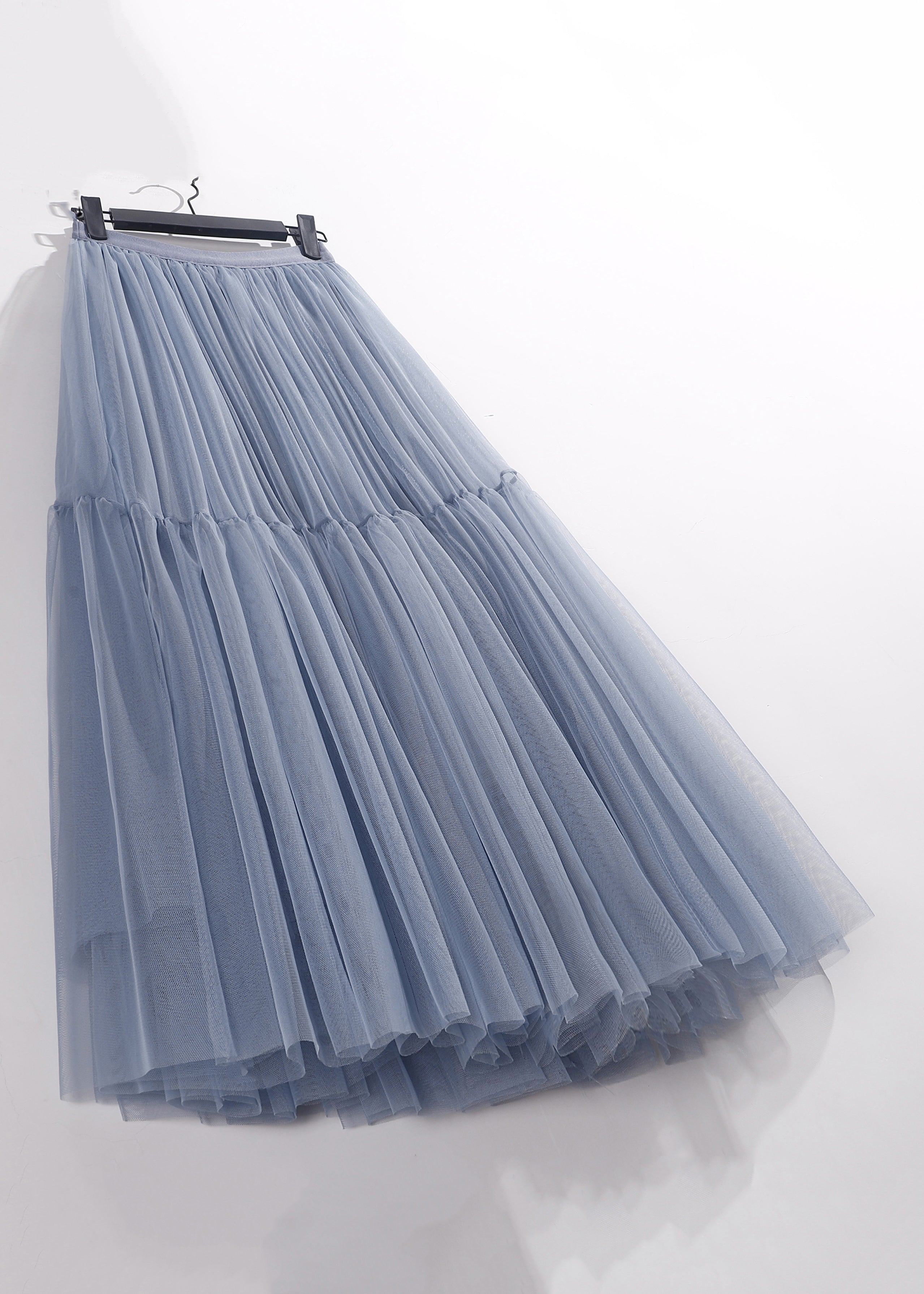 Loose Blue Solid High Waist Tulle Pleated Skirt