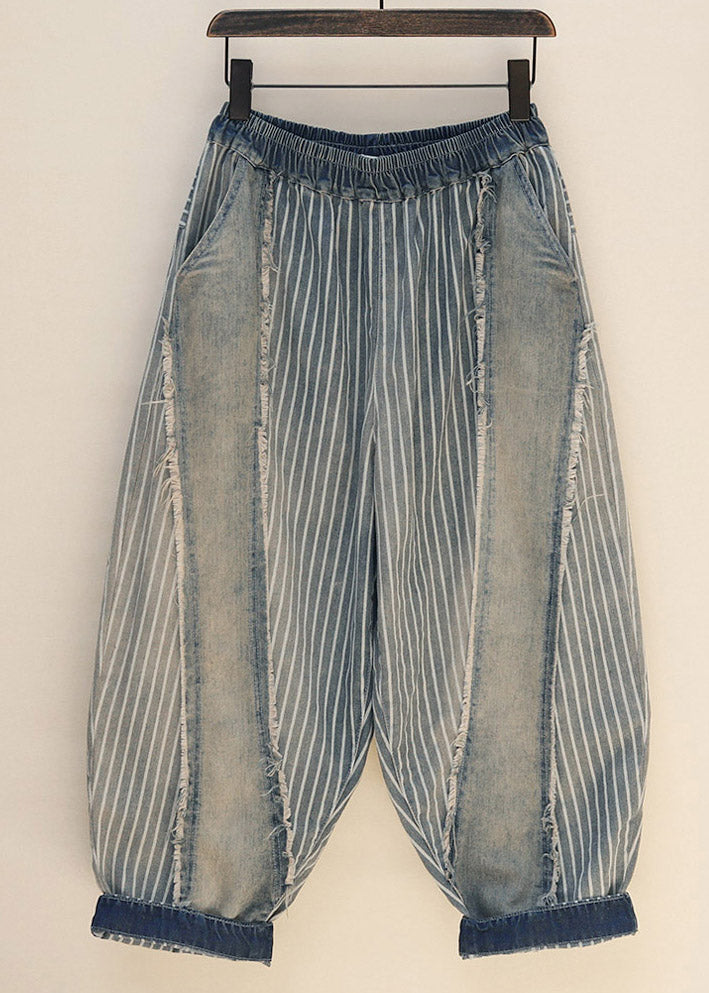 Loose Blue Striped Patchwork Denim Crop Pants Spring