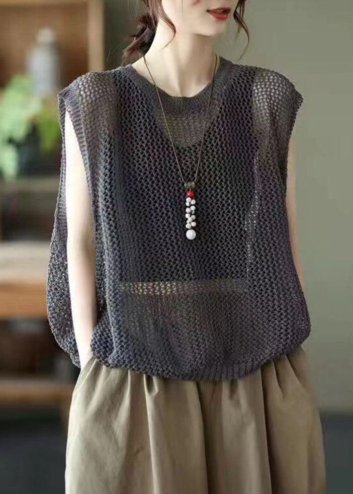 Loose Brown O Neck  Hollow Out Knit Vest Sleeveless