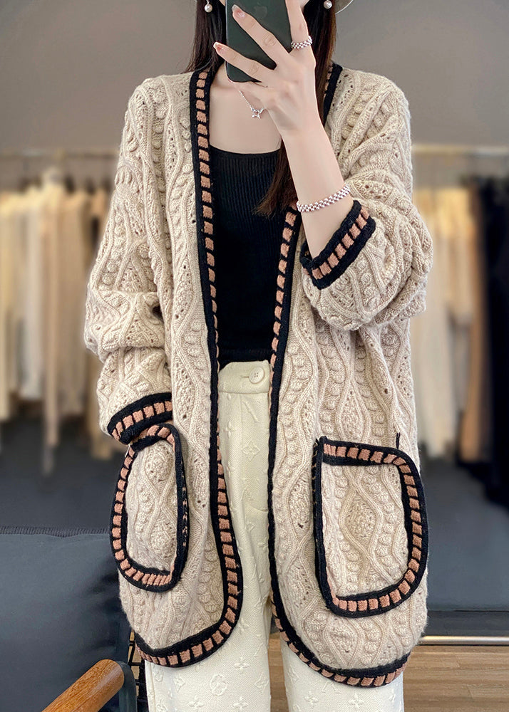 Loose Camel Hollow Out Patchwork Cotton Knit Cardigan Fall