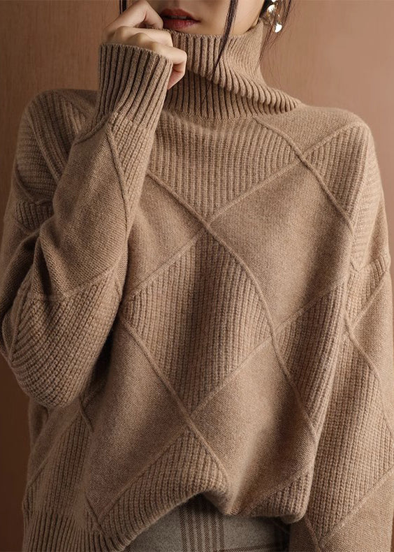 Loose Camel Turtleneck Plaid Woolen Sweater Spring