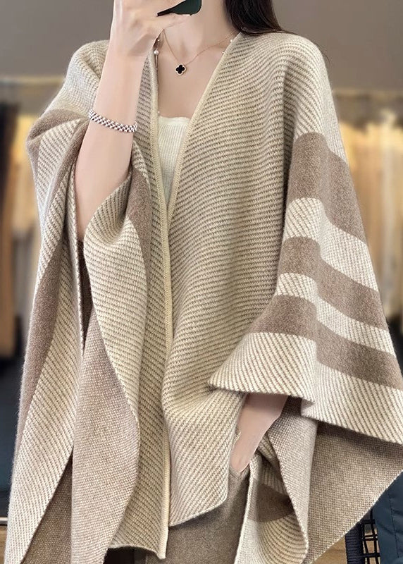 Loose Camel V Neck Striped Patchwork Wool Cape Cardigans Fall