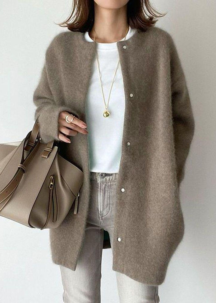 Loose Coffee O Neck Button Solid Woolen Coat Spring