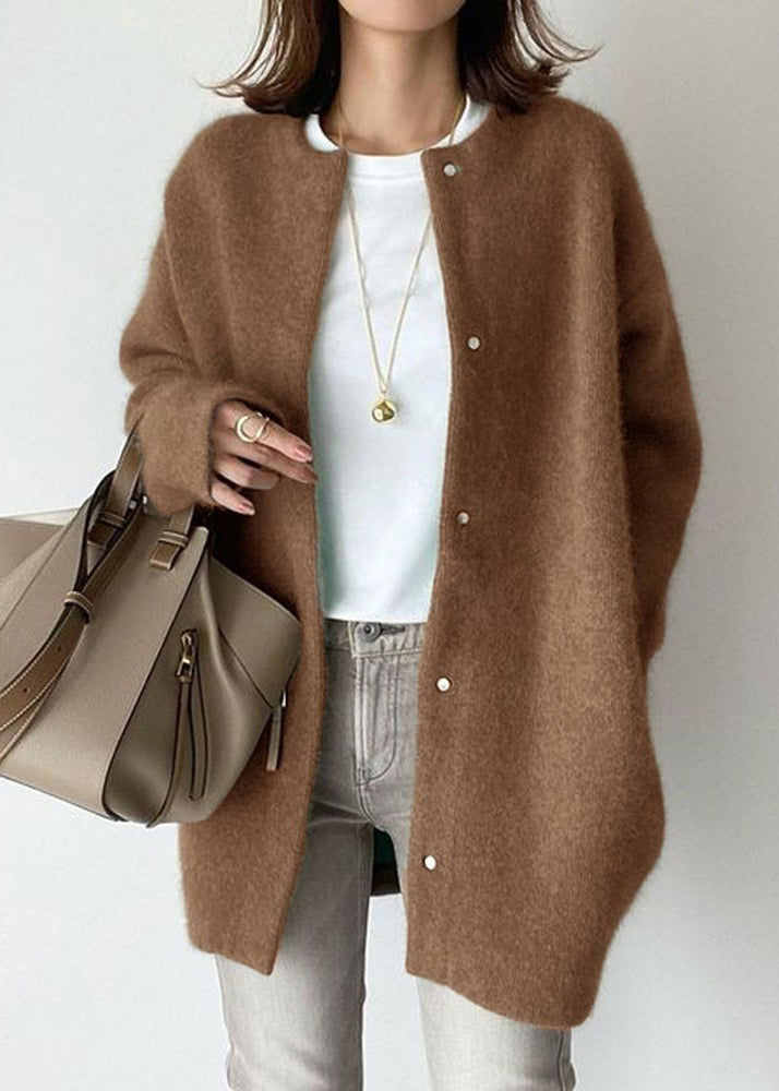 Loose Coffee O Neck Button Solid Woolen Coat Spring