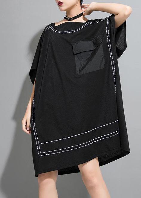 Loose Cotton Tunics Indian Personality Rectangular Frame Spliced Black Dress