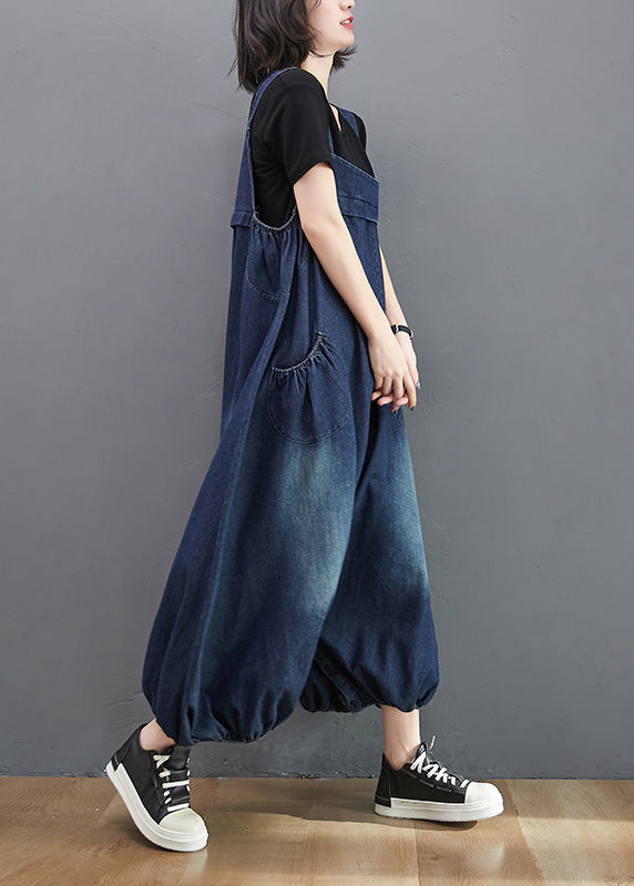 Loose Dark Blue Slash Neck Patchwork Lantern Jumpsuit Summer