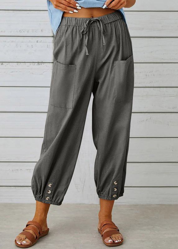 Loose Dark Gray Pockets Elastic Waist Cotton Crop Pants Summer