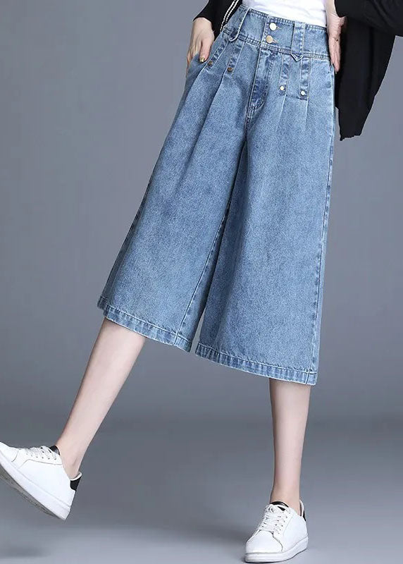 Loose Denim Blue High Waist Wrinkled Pockets Cotton Wide Leg Crop Pants Summer