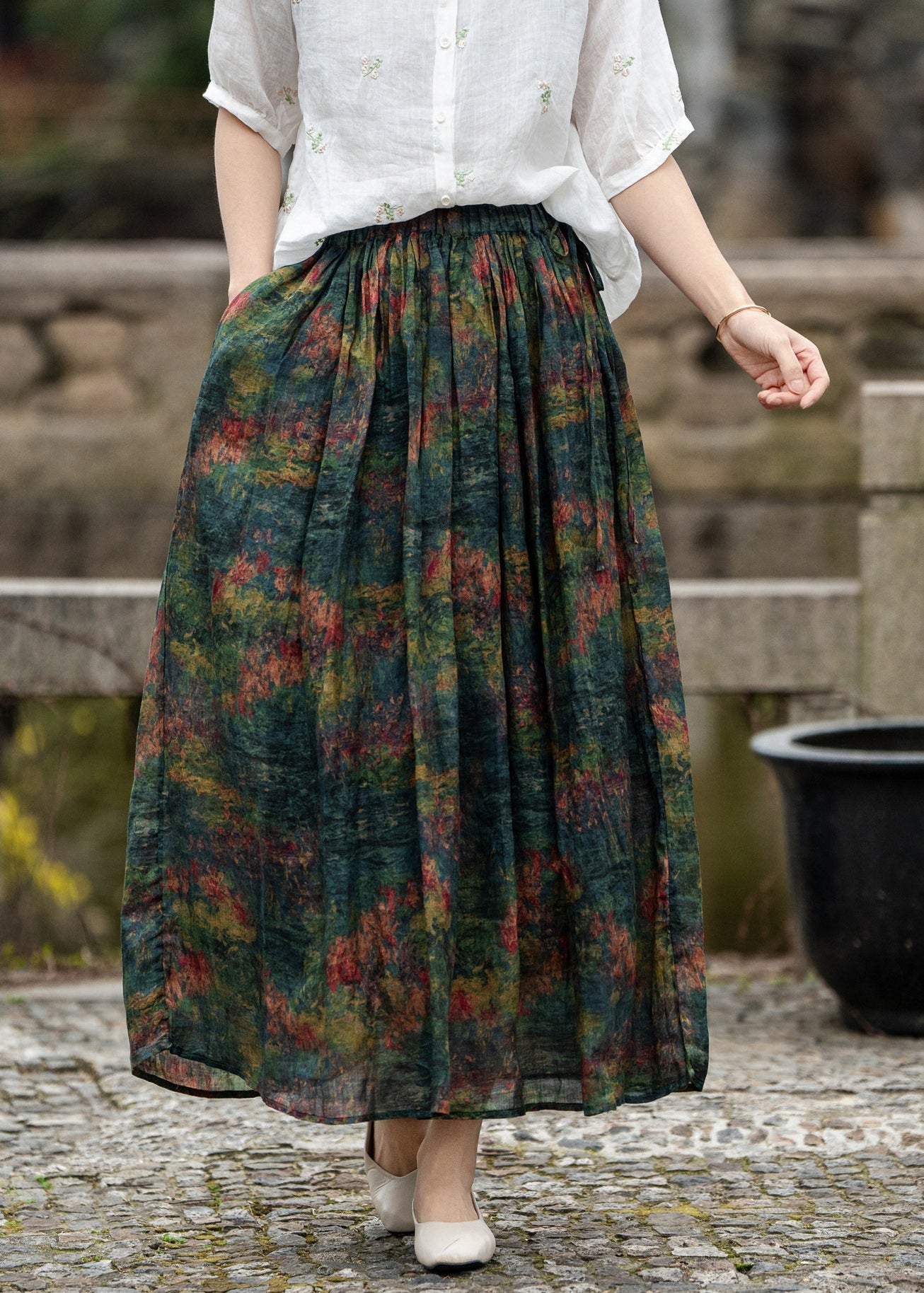 Loose Green Pockets Print Elastic Waist Linen Skirt Summer