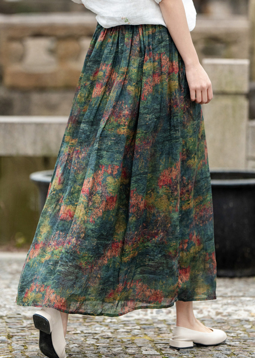 Loose Green Pockets Print Elastic Waist Linen Skirt Summer