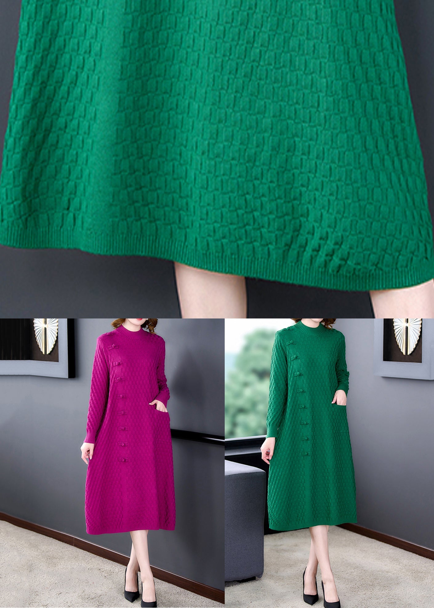 Loose Green Pockets Solid Woolen Sweater Dress Winter